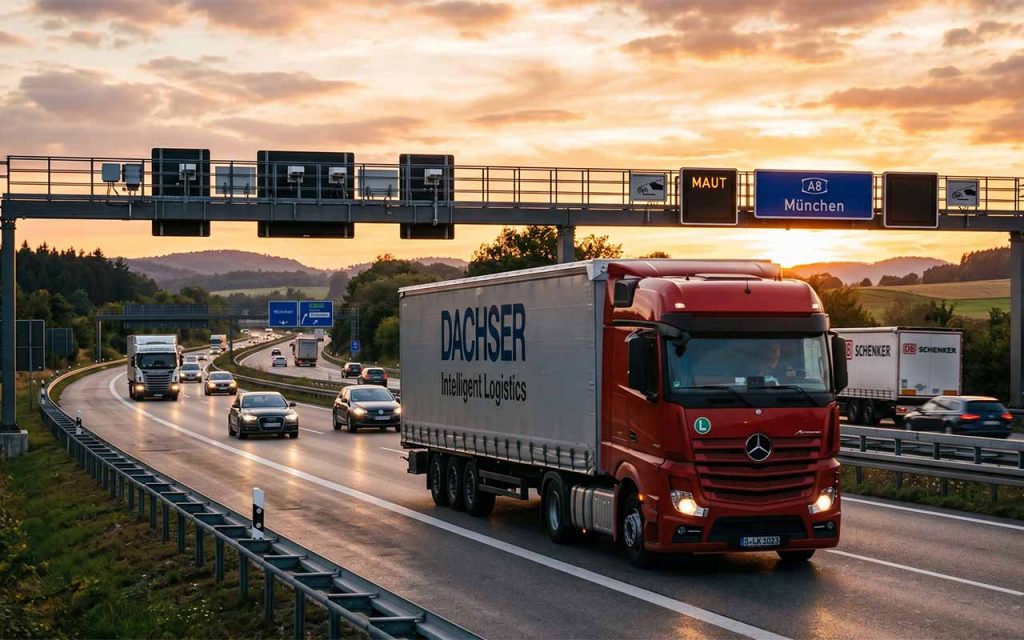Lastkraftwagen auf einer deutschen Autobahn, Mautbrücke im Hintergrund, goldenes Abendlicht