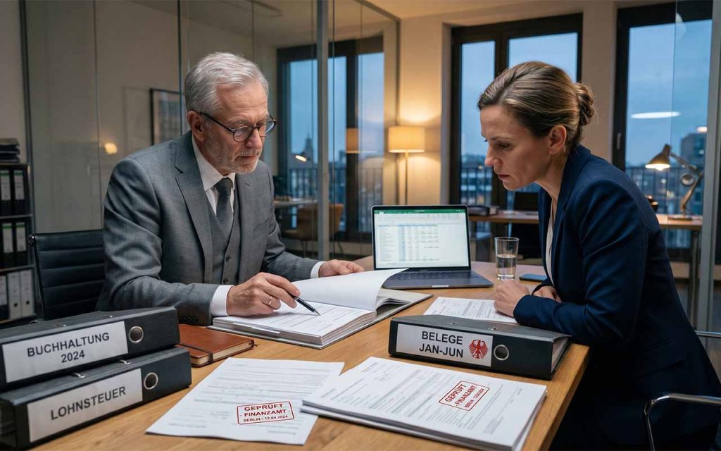Steuerberater und Unternehmer am Tisch mit Ordnern, Finanzamtsstempel sichtbar, fokussierter Blick